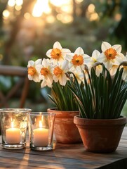 Daffodils in terracotta pots, bathed in golden sunlight, with candles on a wooden table