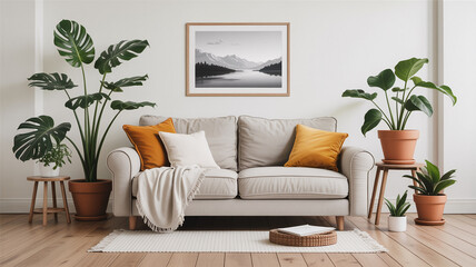 Cozy living room corner with linen cushions and potted plants for interior design blogs, home staging inspiration, minimalist decor websites, and sustainable living content 