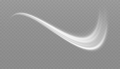 White glowing shiny lines effect. Set of glowing ellipses in speed shape. Imitation of the exit of cold air. Light trail wave, fire path trace line and incandescence curve twirl.