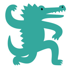 Crocodile illustration, colorful minimalist style, mid-century modern, childlike shapes, whimsical character design, no outlines, solid colors, stylized proportions