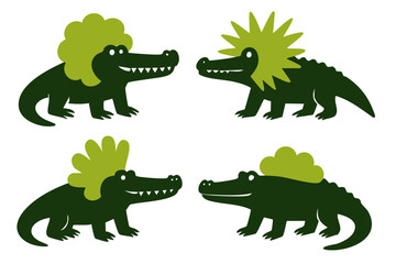 Crocodile illustration, colorful minimalist style, mid-century modern, childlike shapes, whimsical character design, no outlines, solid colors, stylized proportions