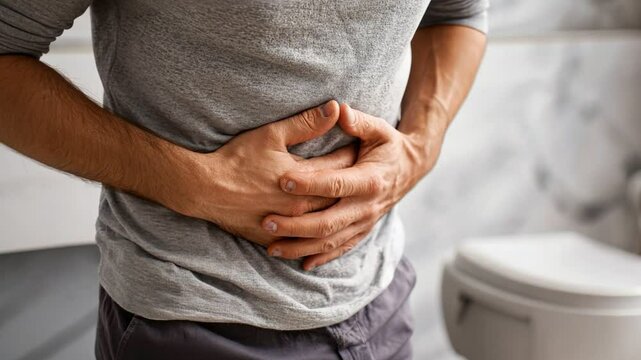 Stomach Ache: Man holding his stomach in discomfort.