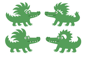 Crocodile illustration, colorful minimalist style, mid-century modern, childlike shapes, whimsical character design, no outlines, solid colors, stylized proportions