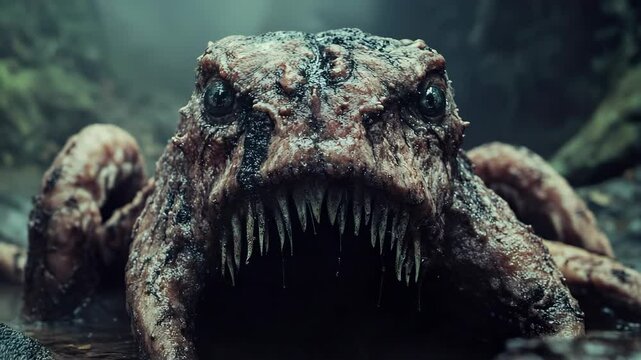Predatory Dinosaur Sinking its Teeth in Water