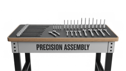 Various precision assembly tools arranged neatly on a workbench, poised for immediate use, featuring a transparent background that highlights the craftsmanship and quality of each instrument