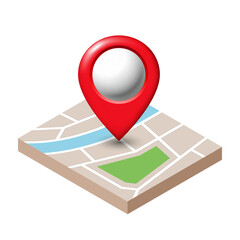 Isometric city map and map marker. Vector illustration isolated on white background.