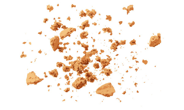 Cookie flying isolated on white, pile cake crumbs, vector illustration, baking ingredients, sweet dessert, confectionery art, tasty snacks, dessert crumbs, food illustration.