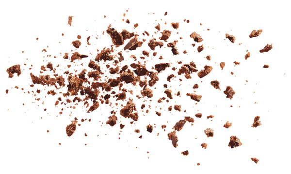 Flying chocolate cookie, pile of cake crumbs isolated on white, vector illustration, dessert decoration, cake crumbs, cookies, sweet pastry, snack, chocolate treats, confectionery.