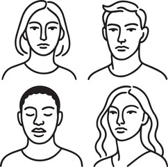 elegant black and white minimalist line art portraits of diverse people with clean lines and abstract expressions.