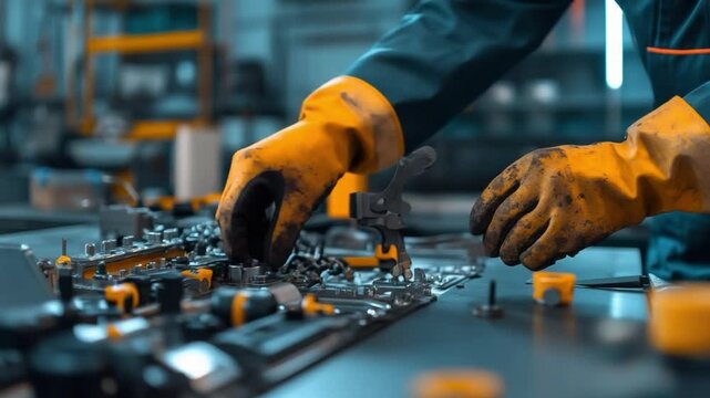 Precision Assembly: A close-up captures the meticulous hands of a skilled worker assembling electronic components with precision and care in an industrial setting.