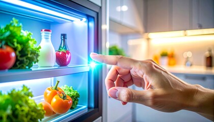 A hand interacts with the touchscreen of a smart refrigerator, surrounded by fresh produce and glowing interface lights in a modern kitchen, IoT technology.
