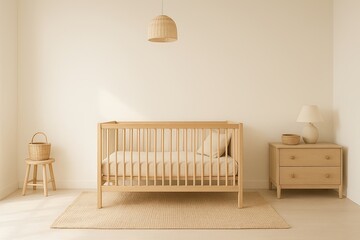 Bright nursery with wooden crib, woven lampshade and beige furniture on natural rug, minimalist interior and lifestyle