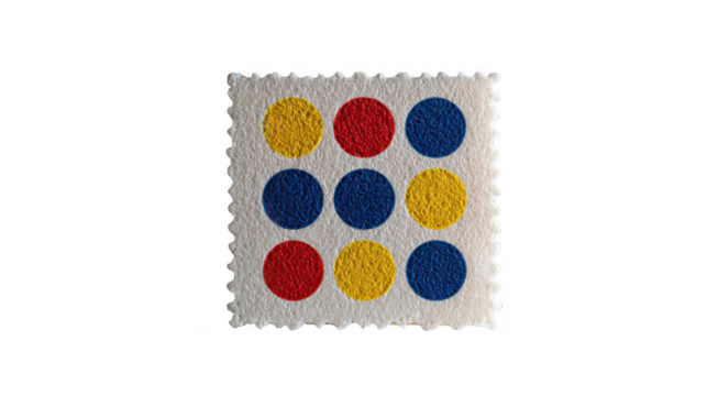 Nine colorful polka dots arranged in a grid pattern are displayed on a white square stamp with serrated edges, set against a transparent background