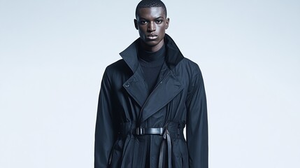Dark-toned menswear coat.  Man in dark navy/black trench coat, turtleneck, and belt.  Studio shot against light gray background