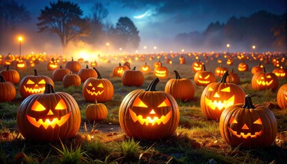 Illuminated Jack O Lanterns Spreading All Across A Field During The Halloween Nighttime