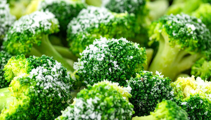 Frozen broccoli covered in frost and ice crystals. Tasty and healthy food. Organic vegetable.