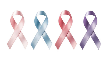 Pink, blue, coral and violet awareness ribbons on a transparent background, symbolizing support for various health conditions and social issues