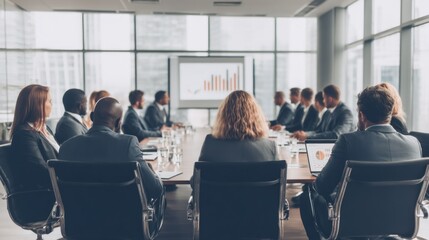 Fototapeta premium Business professionals analyze data trends during a corporate meeting in a modern conference room