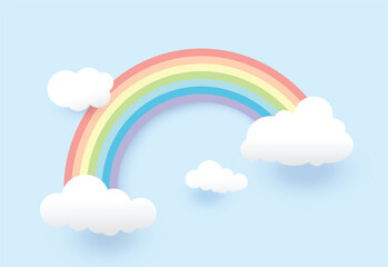 Minimal Rainbow and Cloud Illustration on Pastel Blue Sky, vector design.