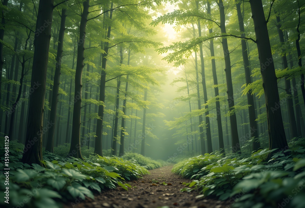 Poster gentle forest backdrop for education. soft green hues create a calming nature scene, perfect for tea