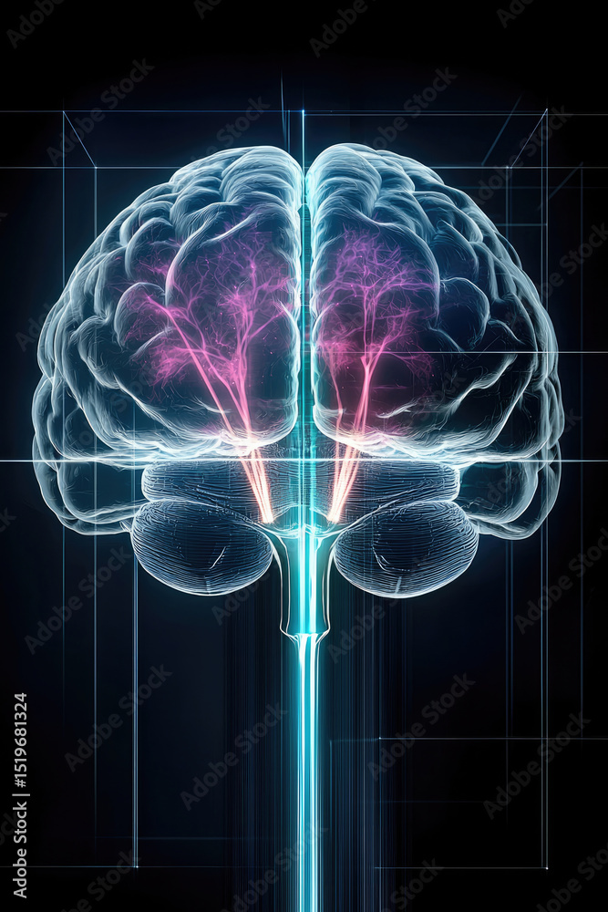 Aufkleber brain with glowing neural pathways digital light beams futuristic science anatomy technology blue pi