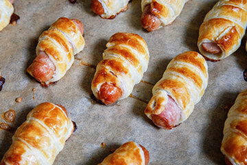 Freshly baked sausages in pastry with cheese