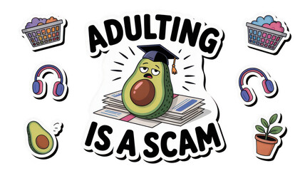 Sad avocado wearing a graduation cap sits on a pile of mail, surrounded by stickers like a laundry basket, headphones, and a plant, with the text adulting is a scam