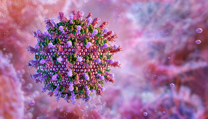 Hendra virus, a zoonotic disease. Viral particle, spike-like glycoproteins. Horse, fruit bats are host of Hendra virus. Fever, cough, respiratory failure, encephalitis, meningitis. 3D microscopy image