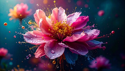Blooming flowers with bright color splashes and water drops.