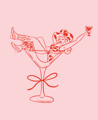 Cowgirl in martini cocktail illustration. Whimsical celebration icon.	
