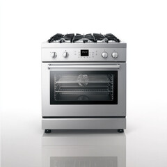 Obraz premium Modern freestanding silver gas stove with oven, control knobs, and glass door on white background