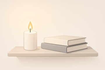 Lit candle and stacked books on floating shelf in cozy evening ambiance, minimalist interior and lifestyle