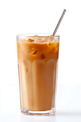 Glass of Refreshing Iced Coffee with Straw Isolated on White Backdrop