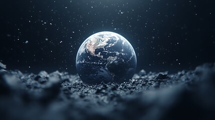 The Earth floats in space, surrounded by stars and cosmic dust, evoking a sense of wonder and fragility.
