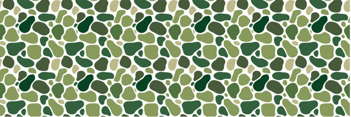 Round stone mosaic pattern. Green shape pebbles on white. Abstract vector seamless background with green and light green rounded elements. For Eco friendly interior, travel, beauty and spa, textile.