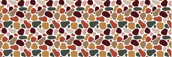 Round stone mosaic pattern. Autumn shaped pebbles on white. Abstract vector seamless background with colorful bright rounded elements. For eco-friendly interior, travel, beauty, spa and textile.