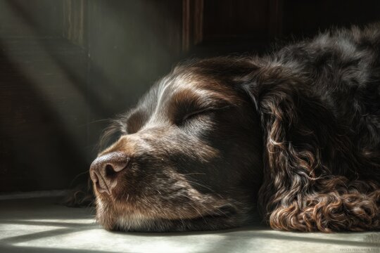 Boykin Spaniel, photorealistic, sleeping in sunbeam indoors, warm