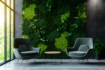 Organic fresh greenery living or office spaces, wall with decorative moss armchairs and table. Generic concept image of decorative moss that is used for interior design.