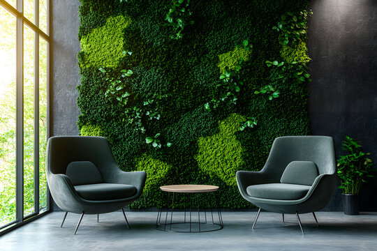 Organic fresh greenery living or office spaces, wall with decorative moss armchairs and table. Generic concept image of decorative moss that is used for interior design.