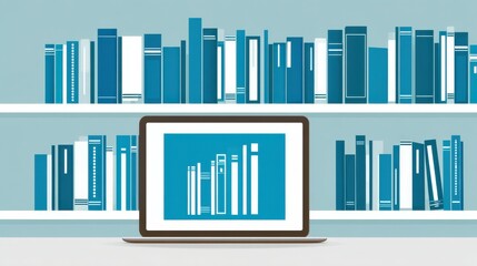 Online library on laptop with bookshelves in background representing e learning and digital resources