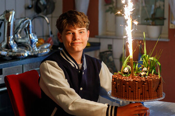 Adorable happy teenage kid boy celebrating his birthday. Teenager child blowing 14 candles on...