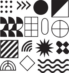 Design a collection of black and white abstract geometric shapes and patterns for background and decorative use.