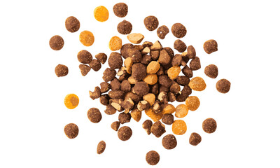 Dry cat food isolated on white background, top view, vector illustration, healthy pet snack, cat kibble, pet diet, cat nutrition, premium cat food, organic pet food, animal wellness.