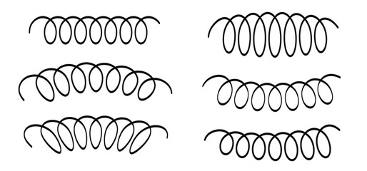 Drawning cartoon spiral springs set. Metal coil, flexible coils, wire spring concept. Curly wavy or twisted. wavy or wave line pattern. For boxing gloves or surprise idea.