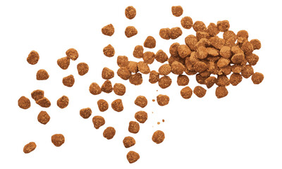 Pile of dry cat food isolated on white background, top view, vector illustration, pet food, cat food bowl, dry kibble, snack for cats, animal care, pet nutrition, natural pet food. © aura studio