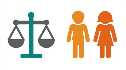 Gender equality and justice, balancing scales and people icons representing equal rights