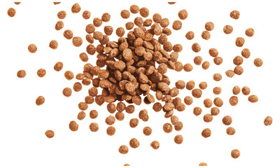 Pile dry dog food isolated on white background, top view, vector illustration, pet food, dog nutrition, dog supplies, canine diet, healthy dog food, premium dog food, dry food for pets. © aura studio