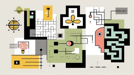 Abstract geometric illustration combining bright colors and surreal elements for modern design projects