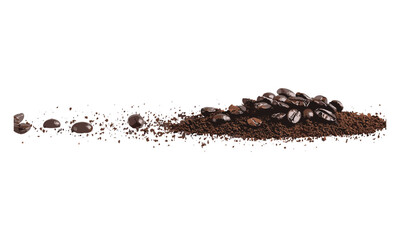 Ground espresso coffee pile with beans isolated on white, side view, vector illustration, coffee beans, coffee cup, coffee powder, caffeine, beverage, aromatic blend.
