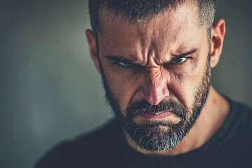 Stern Bearded Man Frowning with Intense Gaze
